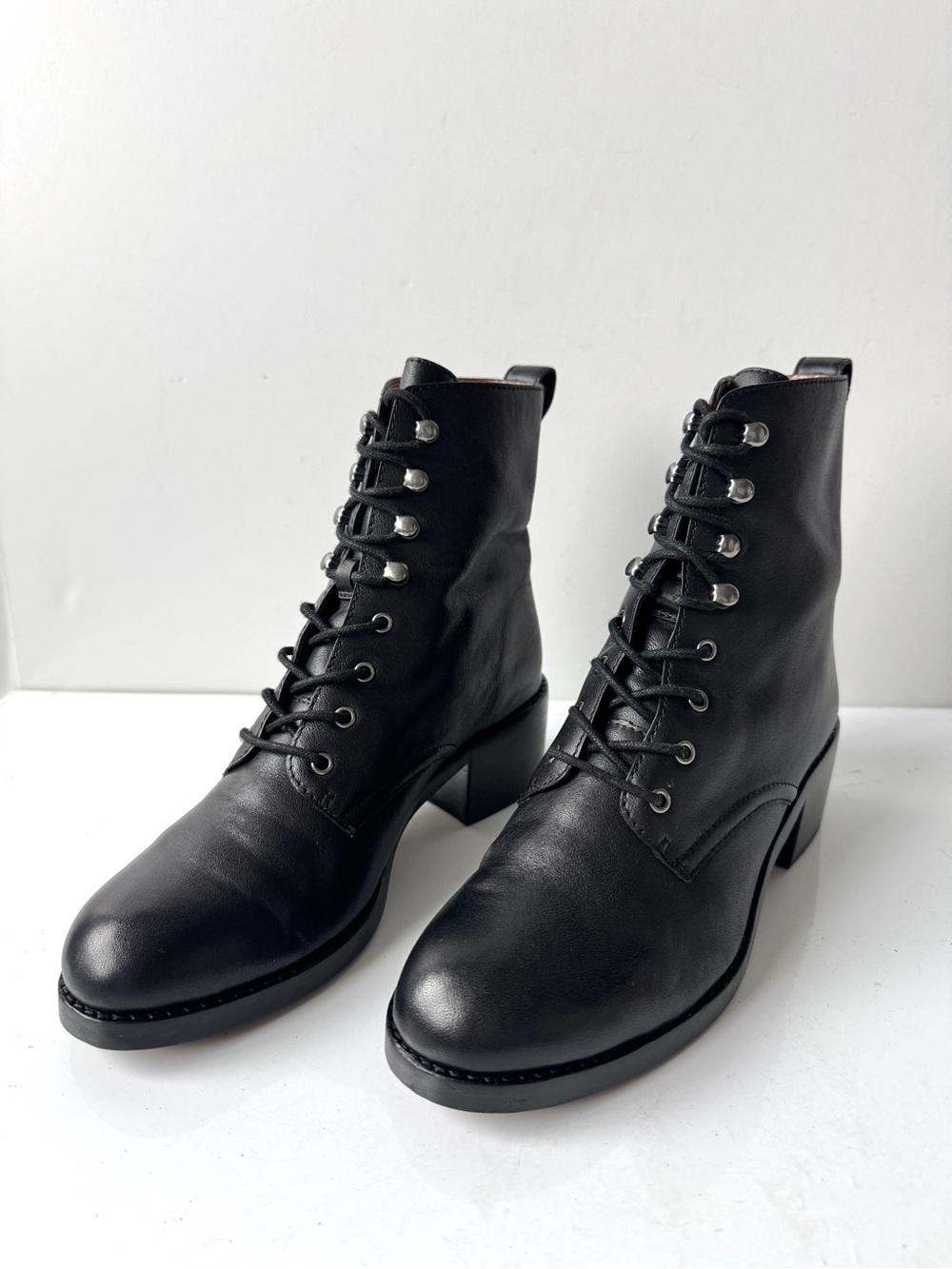 Madewell The Patti Black Leather Lace-up Block Heel Combat Boots Size 6.5